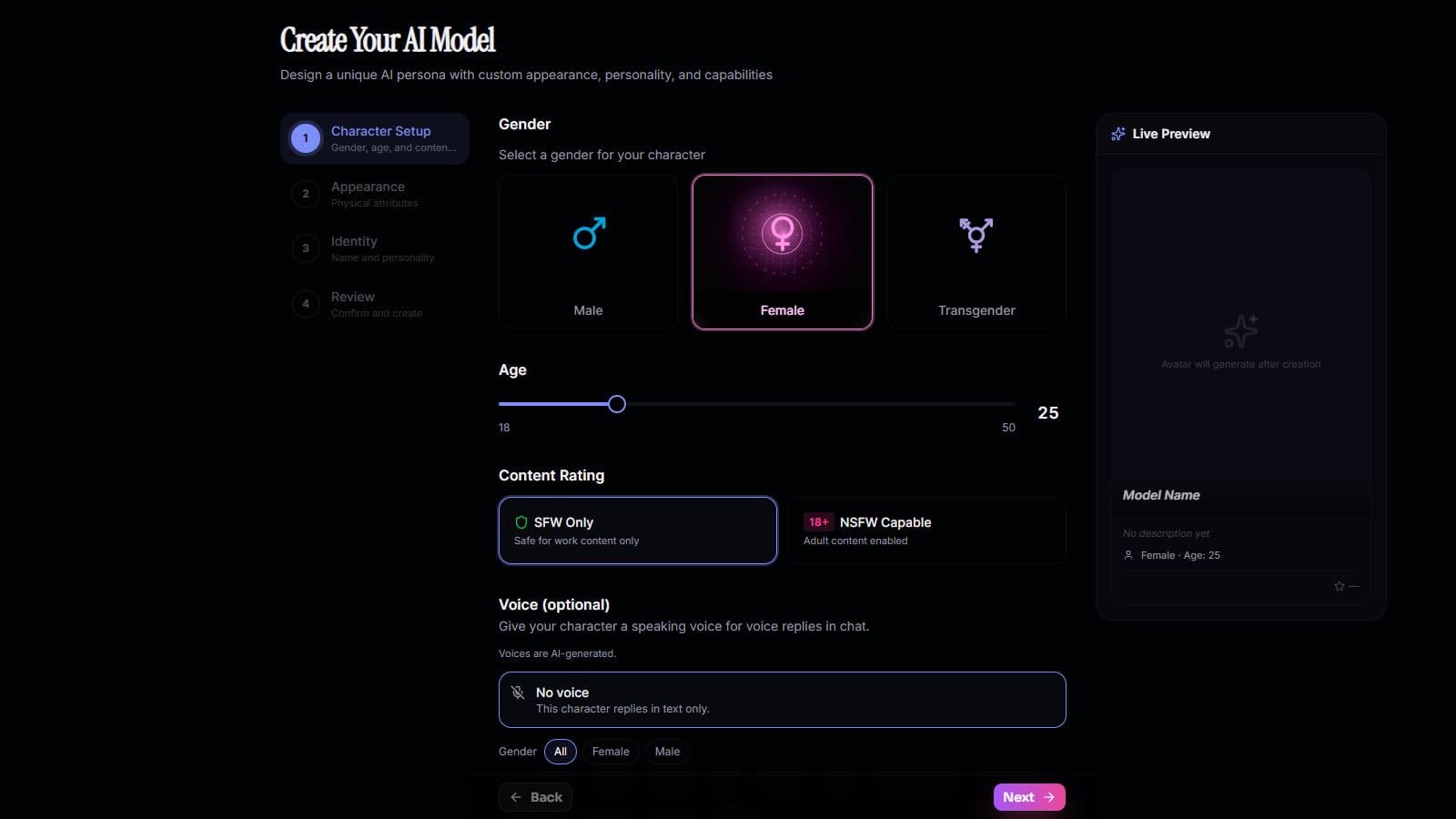 Captura de pantalla de la configuración para crear personajes en Charmloop