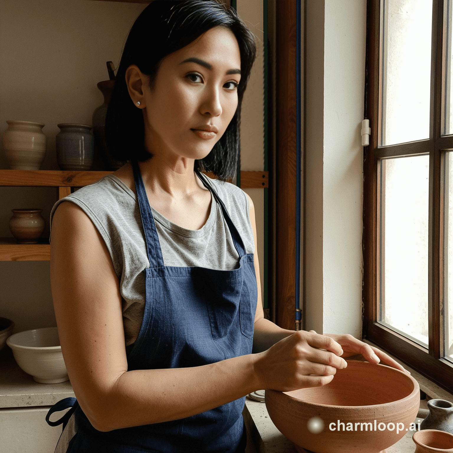 Photo of 52 years old east asian woman, slim build, short height, straight short…
