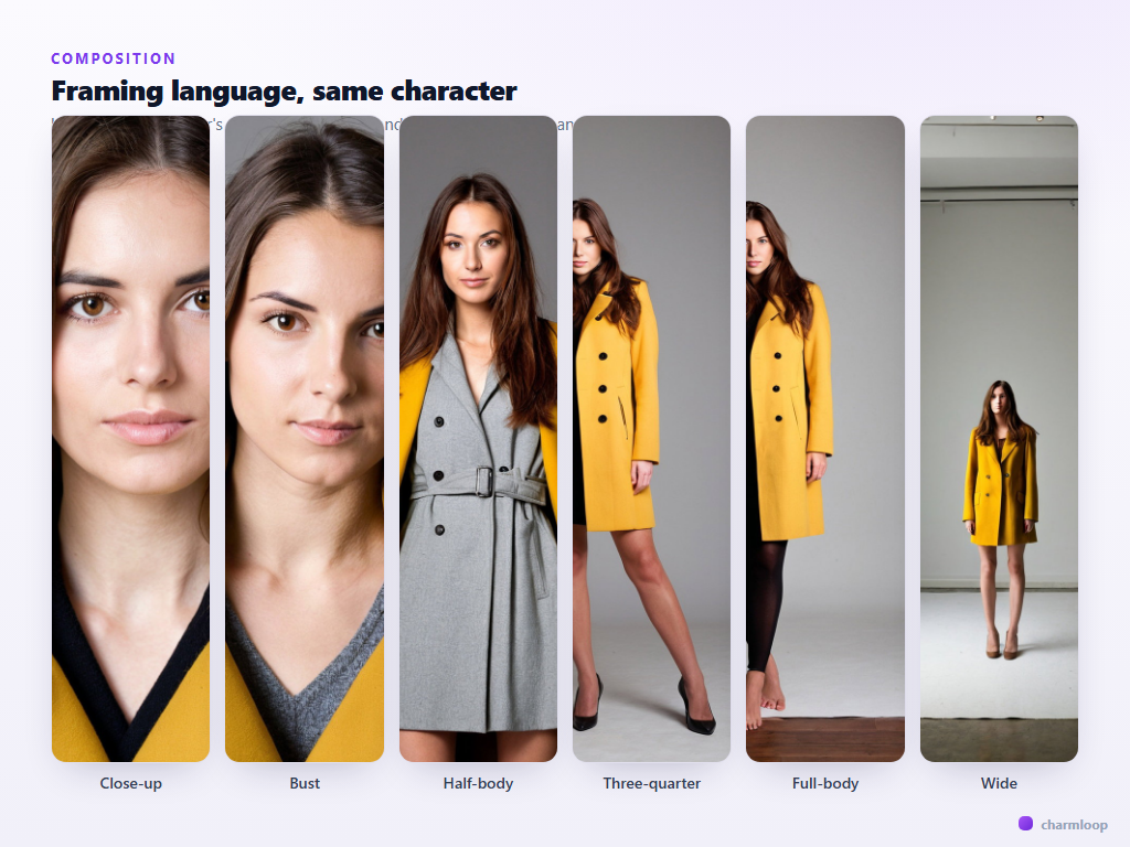 Six illustrations of the same character at the six framing scales — close-up, bust, half-body, three-quarter, full-body, wide — each labelled with the term used in a prompt.