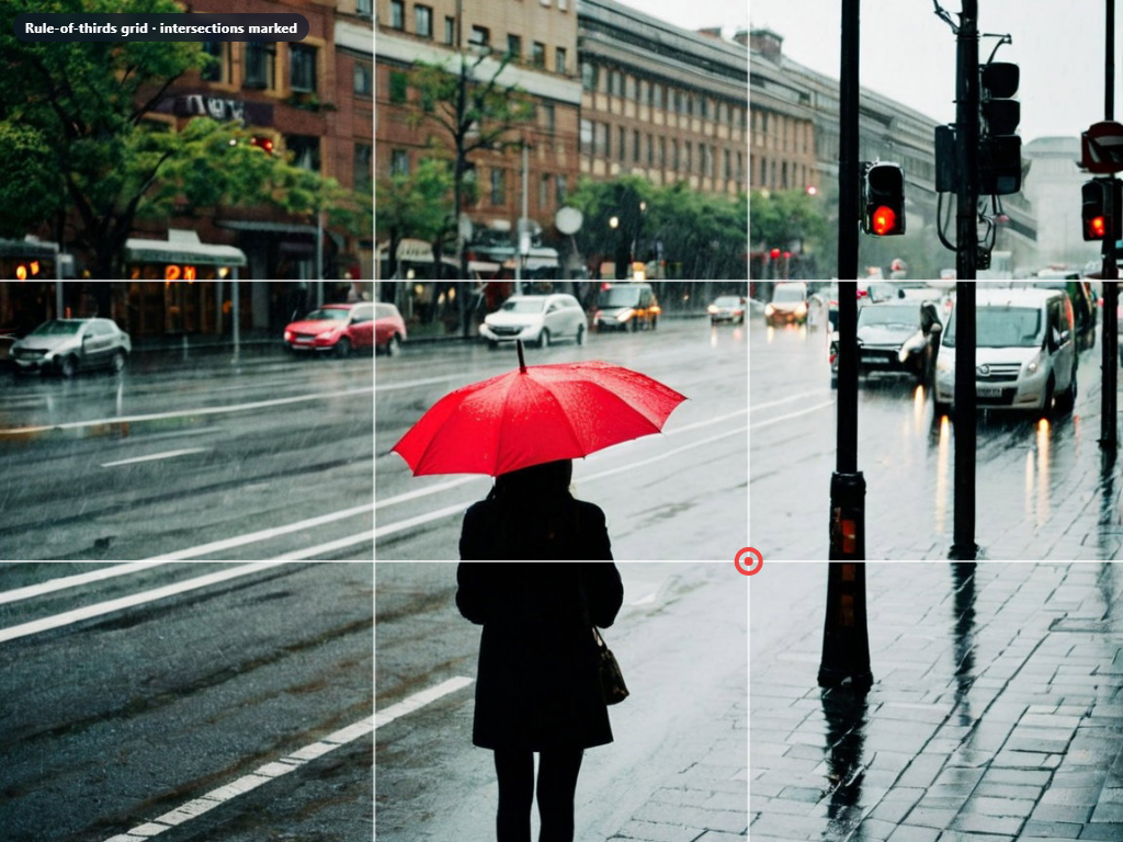 A single render with a 3x3 grid overlay, showing the subject placed at the intersection of the right vertical and lower horizontal third-lines, with annotation arrows pointing to the eyeline and the standing pose.