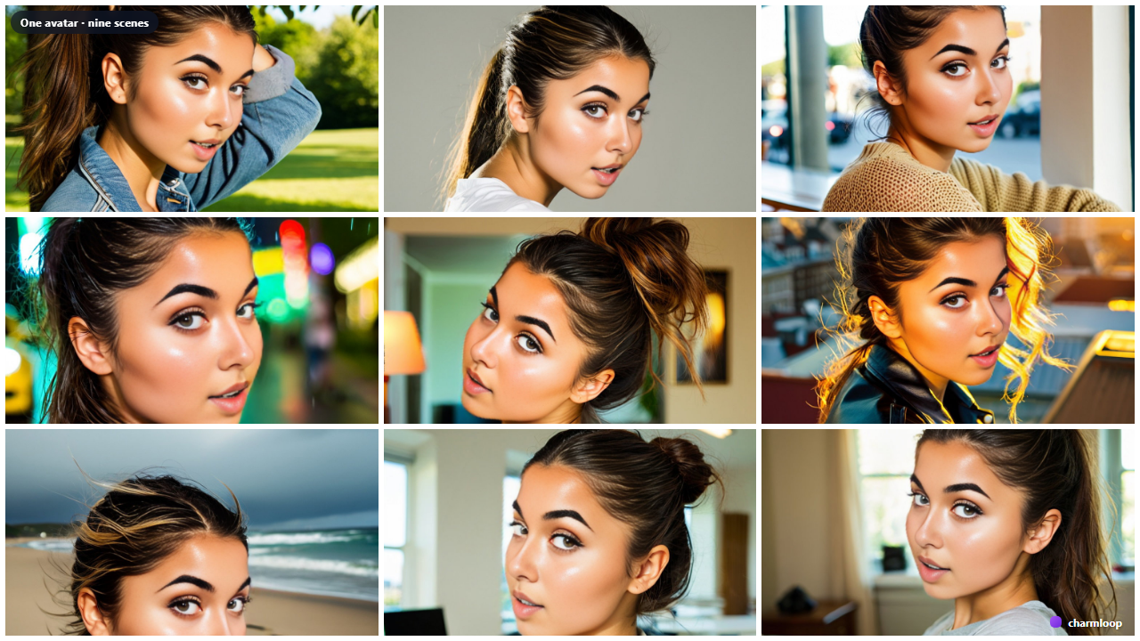 Grid of nine renders of the same character across different scenes, lighting, and outfits — the face is consistent in all nine.