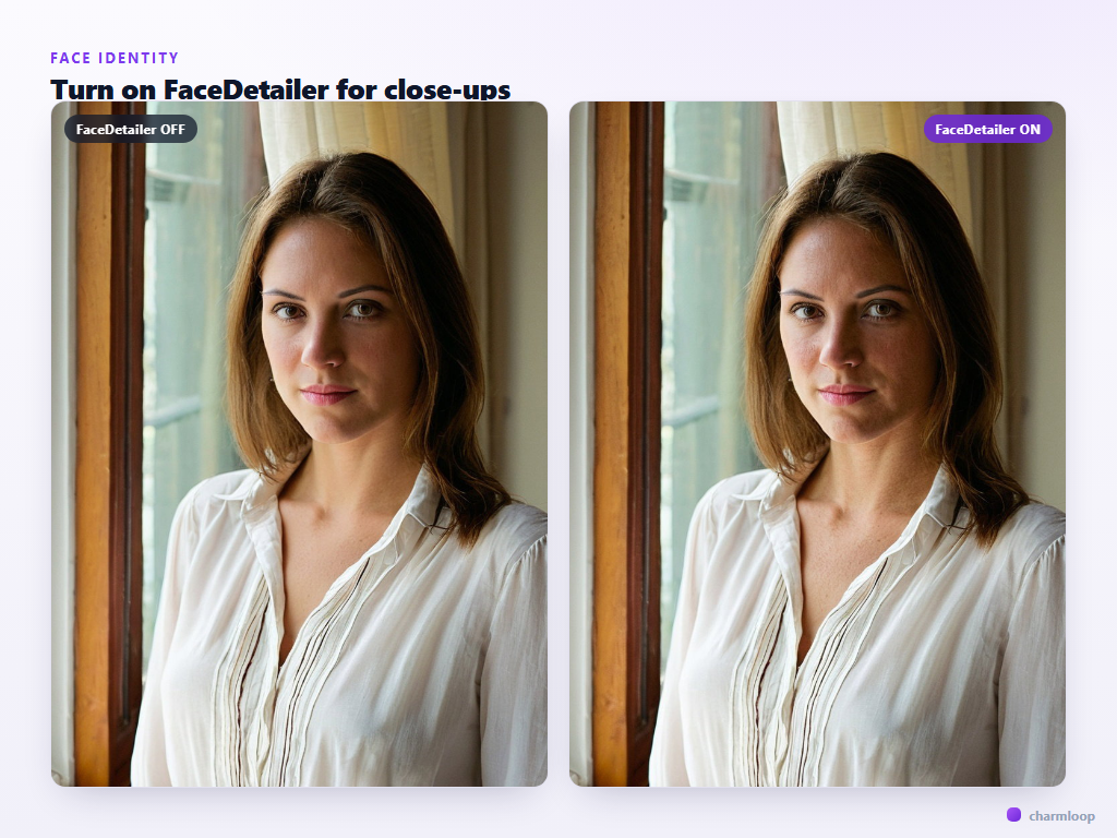 Before-and-after pair — same render with FaceDetailer off then on. The 'off' face has a slightly off eye and a soft mouth; the 'on' face is sharp, symmetrical, and recognisable.