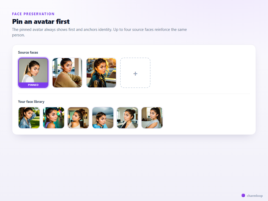 Screenshot of the Pro generator face picker with one avatar pinned in the leftmost slot, three more candidate avatars in the gallery slice, and the rest paginated below.
The pinned avatar is visually distinguished by a coloured frame.