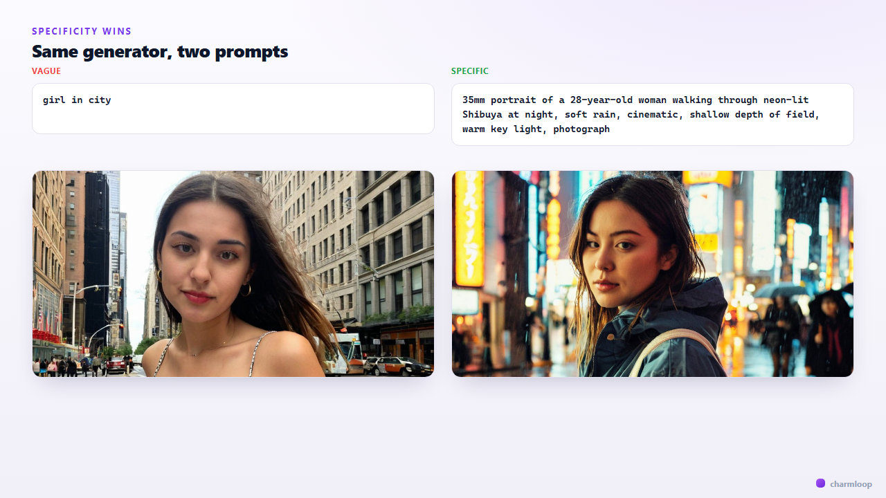 Side-by-side comparison — the same Pro generator panel rendered with a vague prompt and a specific one, with the specific render visibly sharper and more on-brand.