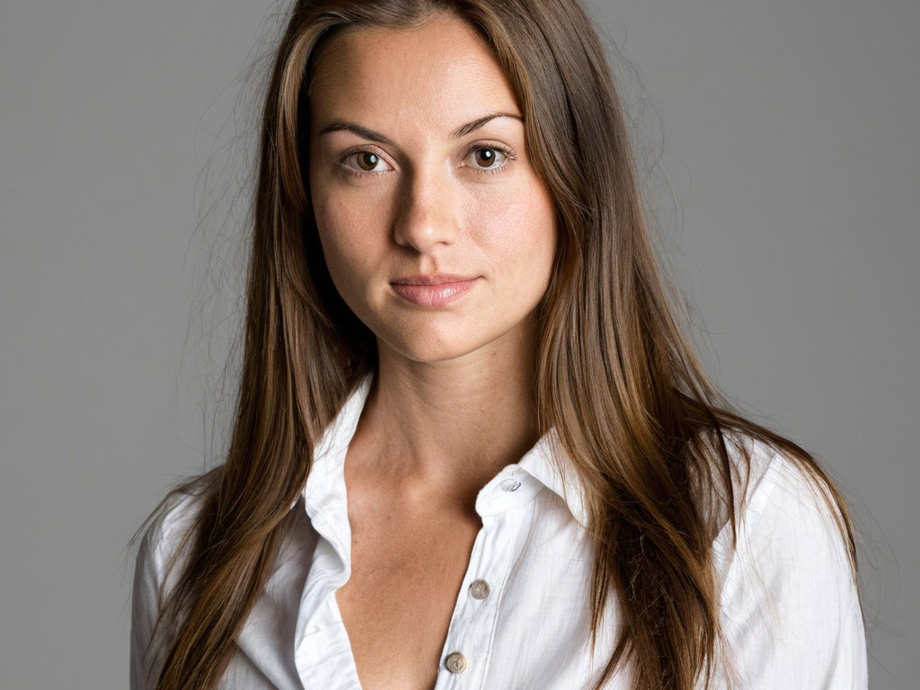 A finished studio portrait produced by Recipe 1 — head and shoulders, neutral background, soft directional light, sharp identity-stable face.
