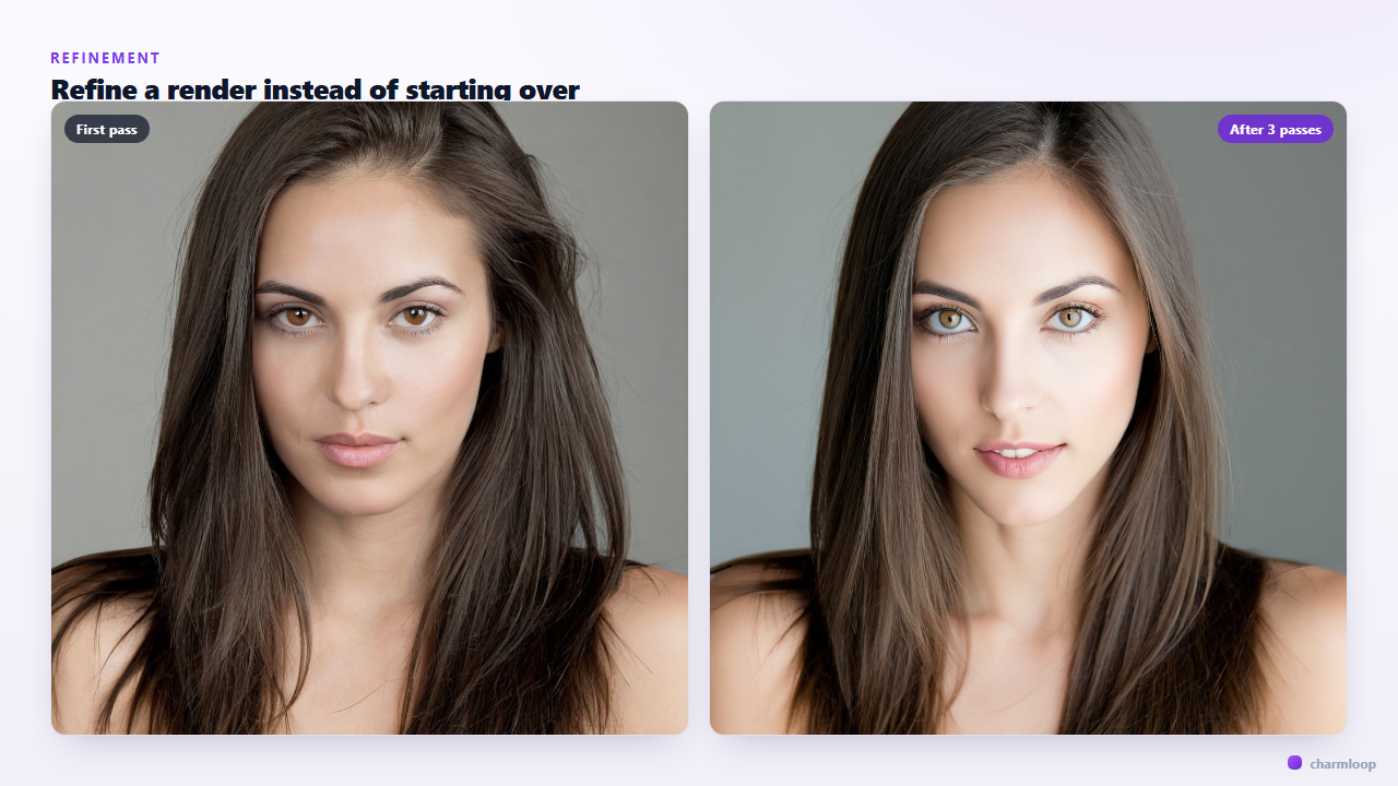 Before-and-after pair — the same render shown rough on the left and refined on the right, with annotations pointing to the eyes, hands, lighting, and skin that improved.