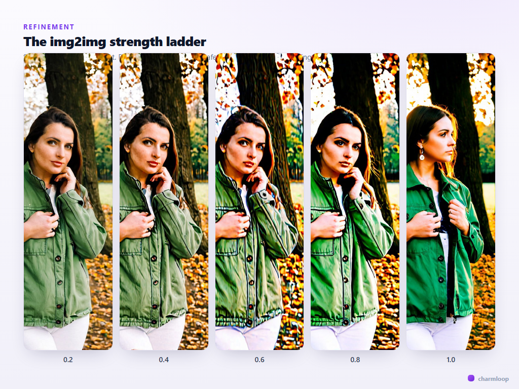 A row of five renders of the same source image at progressively higher img2img strength — 0.2, 0.4, 0.6, 0.8, 1.0 — showing how composition is preserved at low strength and progressively dissolves at high strength.
